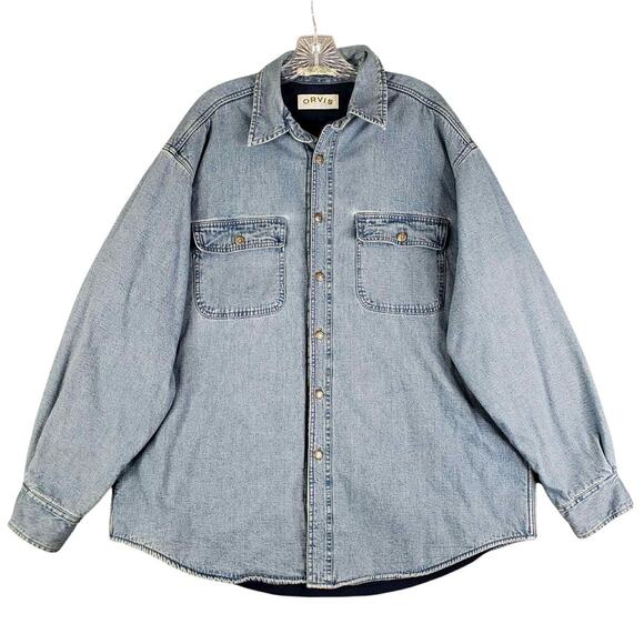Orvis Shirt Size Large L Mens Button Down Long Sleeve Denim Fleece Lined - Picture 2 of 10
